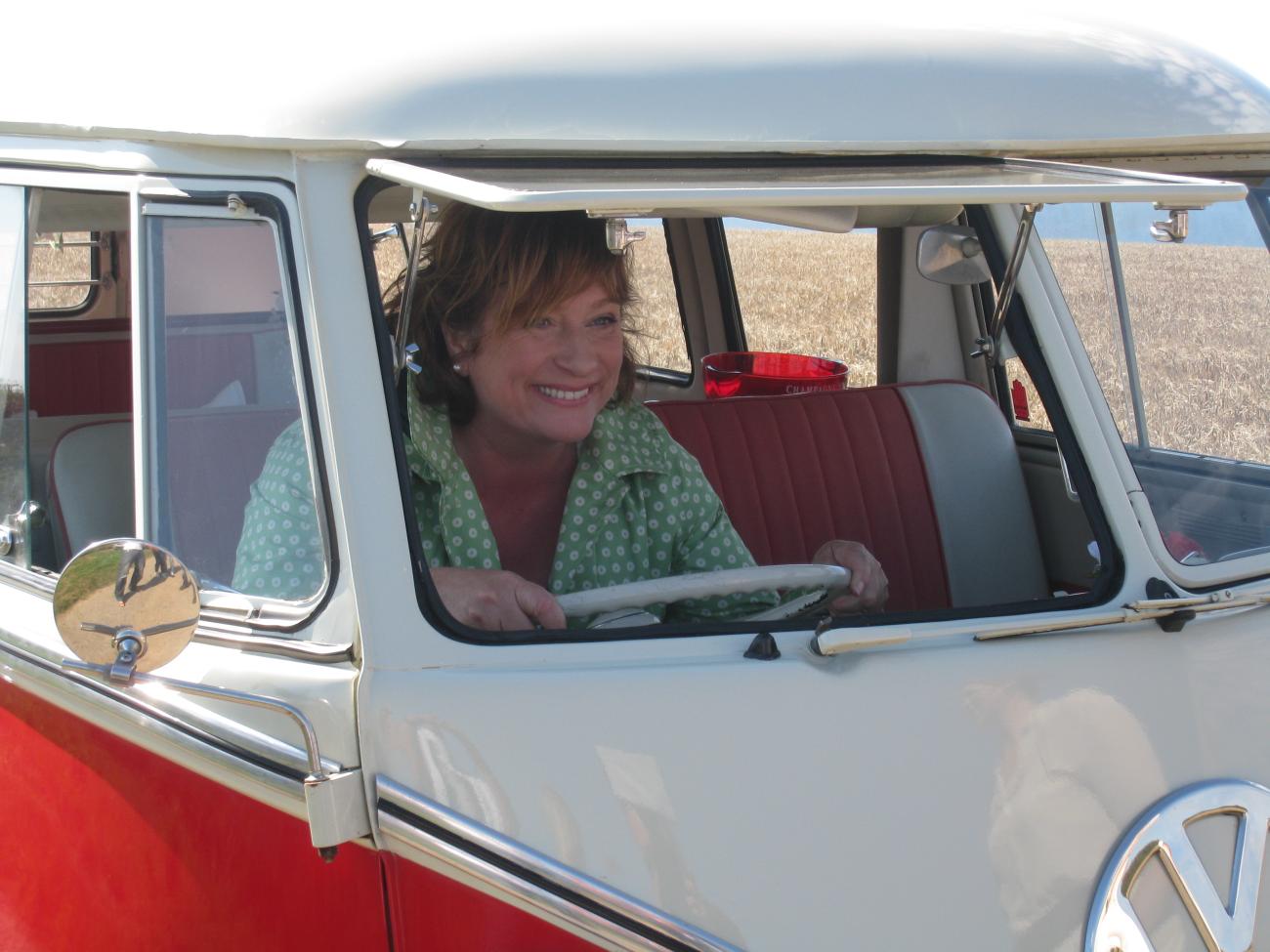 Caroline Quentin in our classic VW wedding car for hire in Cornwall